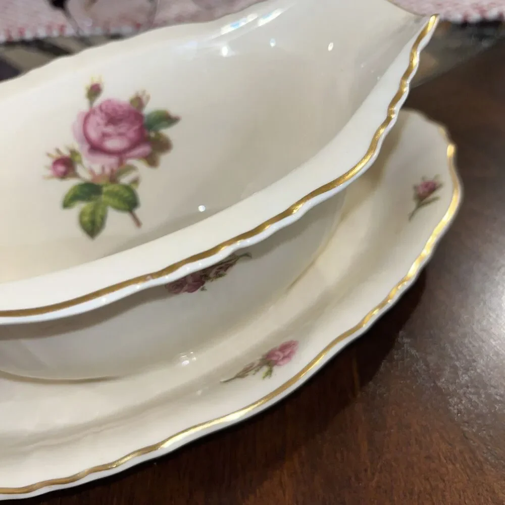 Antique Federal Syracuse China Victoria Gravy Boat Attached Tray Made‎ In USA